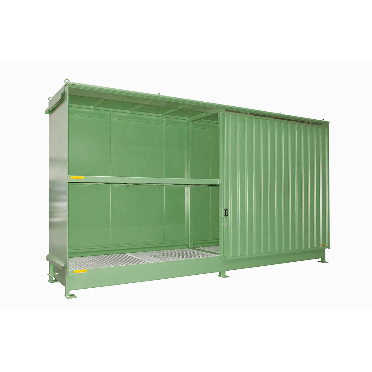 Contenedor de estantes Bauer tipo CEN 59-2 IBC, 2 niveles de estantes, puerta corredera, 2000 l, ancho 6255 x fondo 1550 x alto 3450 mm, verde reseda RAL 6011